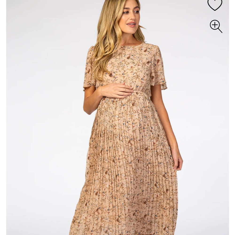Beige Floral Pleated Short Sleeve Chiffon Maternity Midi Dress PinkBlush